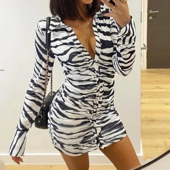 [Tiger Mist] Ryanna Zebra Print Collared Ruched Long Sleeve Mini Dress Sz Small - Picture 14 of 14